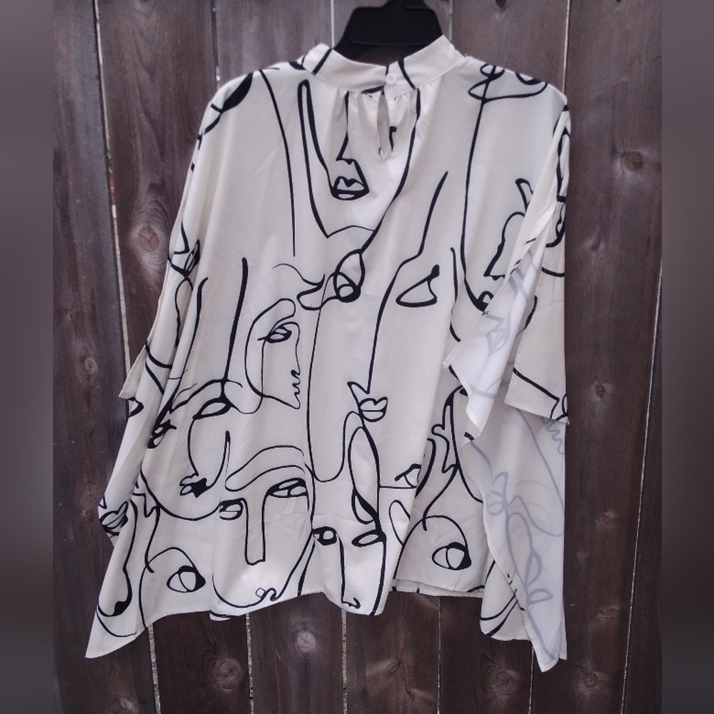 Womens Plus 3X Blouse Kimono Top Shirt Silky Pullover Faces Print Artsy To Wear - Picture 3 of 5